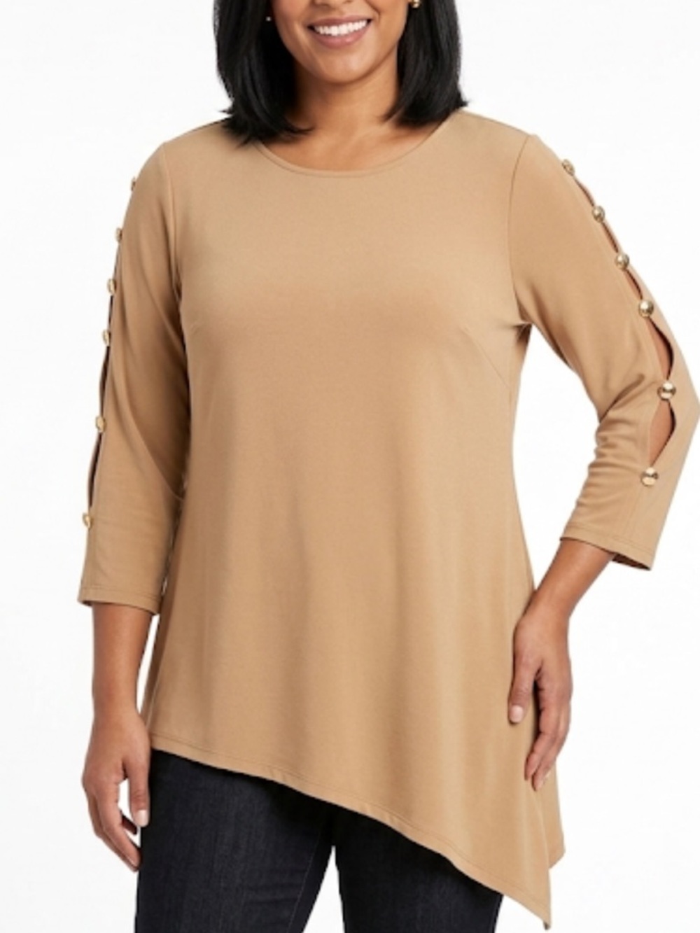Joan Rivers 3/4 sleeve asymmetrical hem gold sleeve button accents size S